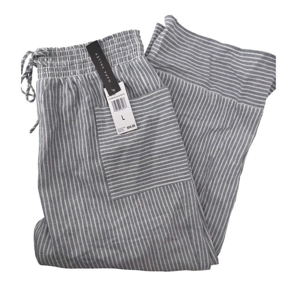 Napa Valley Womens Blue White Striped Linen Blend Wide Leg Pants Size L NWT